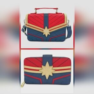 Loungefly Captain Marvel Crossbody Bag & Wallet Set Blue Red Gold NWT
